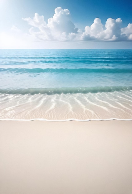 a beach with a wave in the water and clouds on the blue sky background