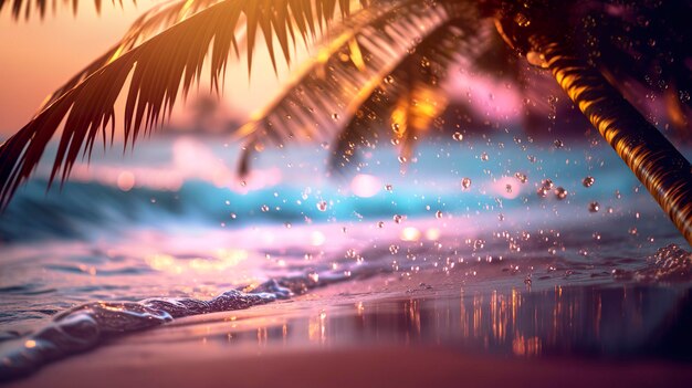 Photo beach with waves and coconut trees at sunset