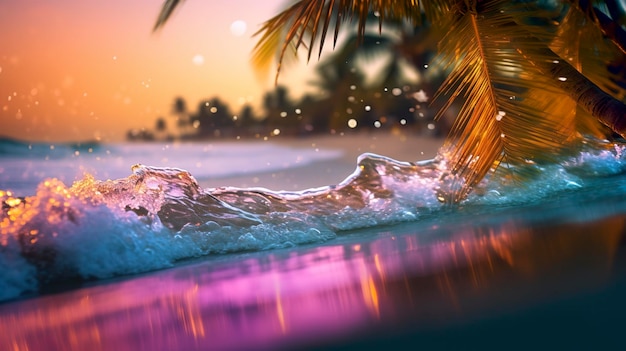 Beach with waves and coconut trees at sunset