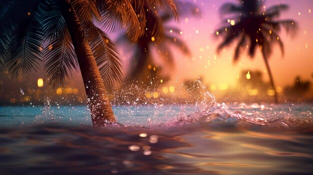 Beach with waves and coconut trees at sunset