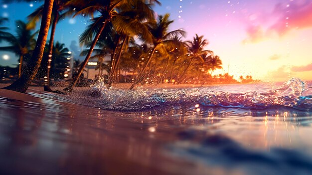 Beach with waves and coconut trees at sunset