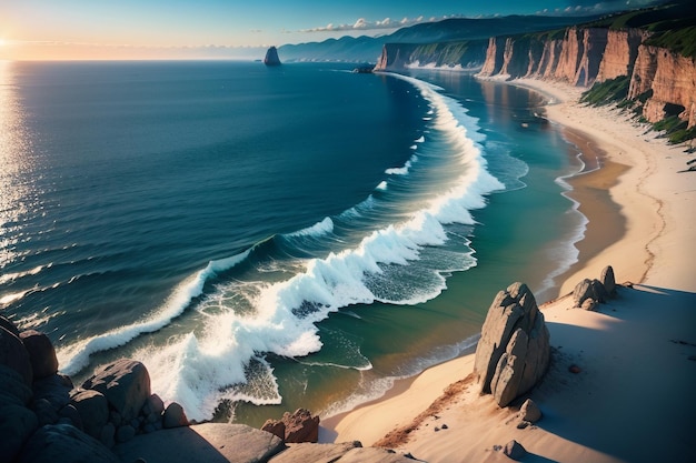 A beach with waves crashing on the sand