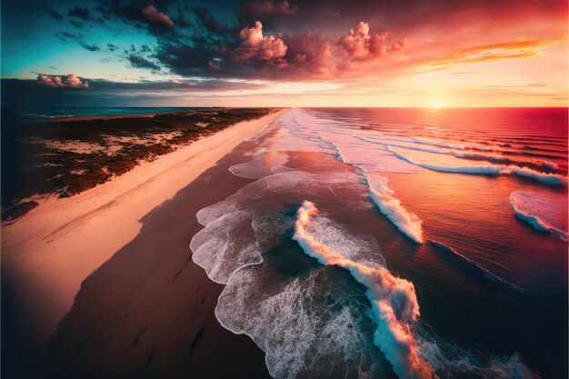 A beach with waves and the sun setting over it