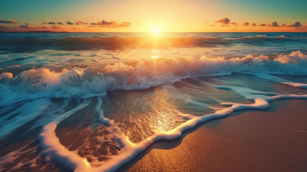 A beach with waves and the sun setting over the ocean