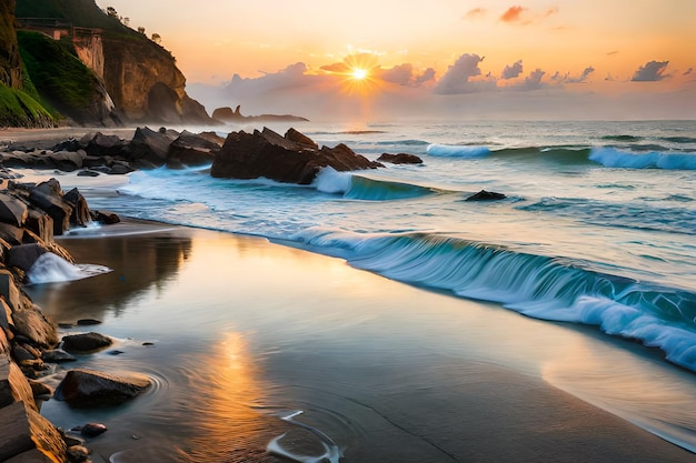 波と夕日が沈むビーチ
