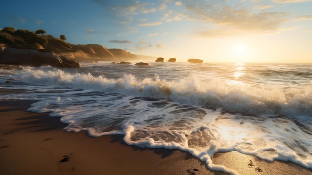 A beach with waves and a sunset in the background