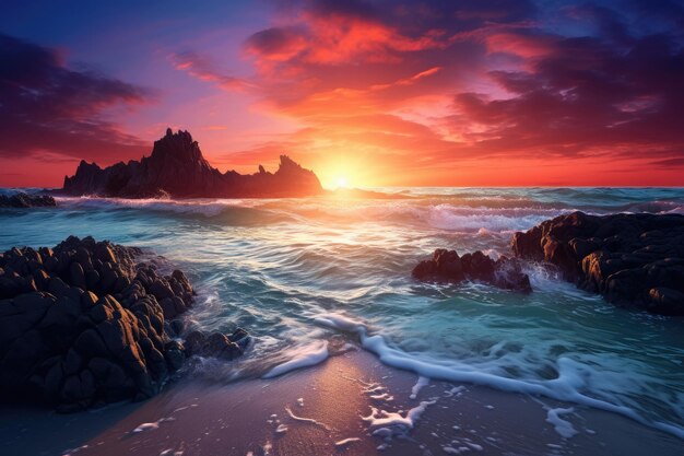 Photo beach with waves at sunset with red sky