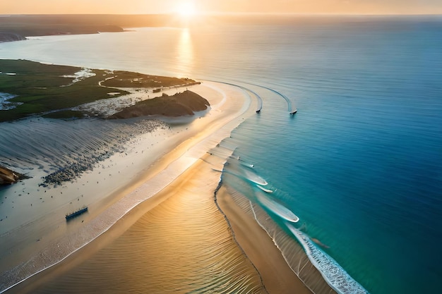 A beach with waves and surfboards on it