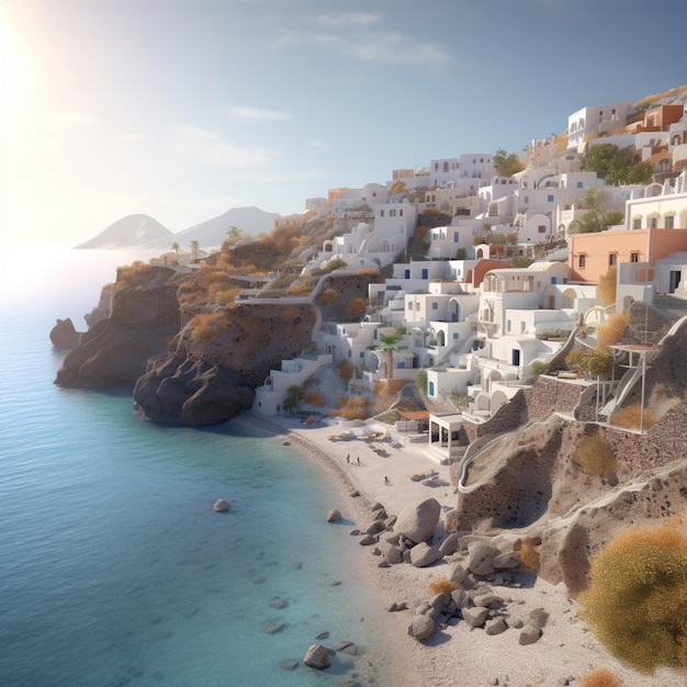 A beach with white buildings and blue water