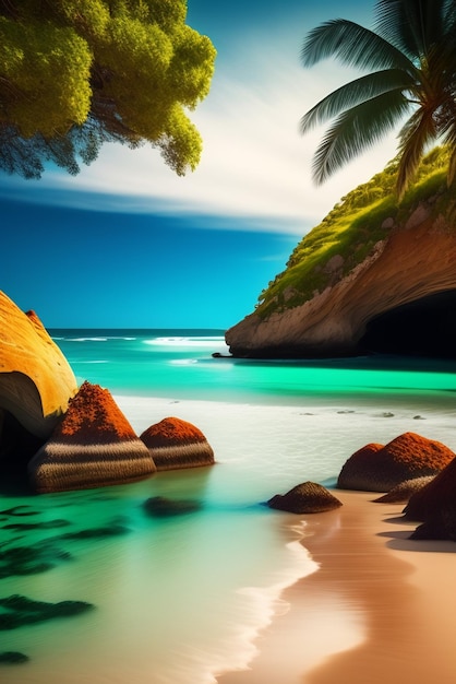 A beach with a white sand beach and a blue ocean.