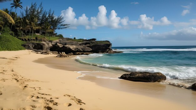 A beach with a white sand and a blue sky