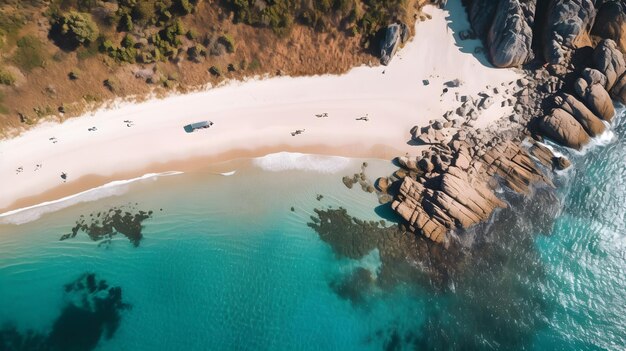 A beach with white sand and blue water