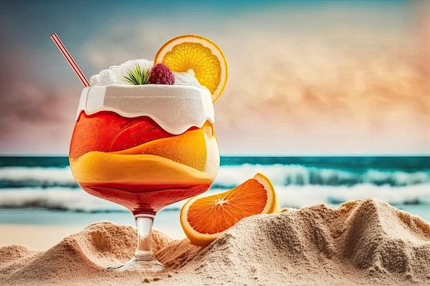 On a beach with white sand a fresh tropical red yellow and orange cocktail with slices Concept of a summer sea vacation and travel exotic drinks for summer