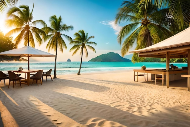 A beach with a white tent and palm trees