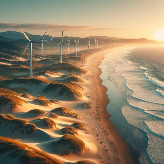 a beach with wind turbines on it and a beach in the background