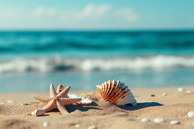 Beach with yellow sand and shells summer background