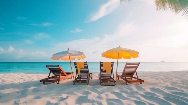 A beach with a yellow umbrella and chairs on it