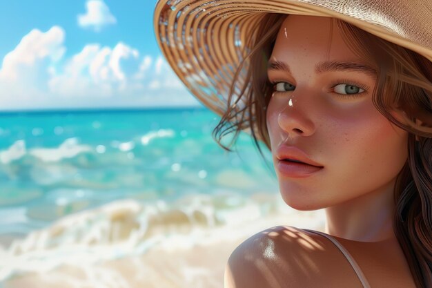 Foto donna in cappello da sole in vacanza sulla spiaggia