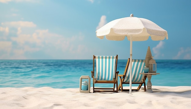 beach wooden deck chair and beach umbrella stands on the fine white sand on the ocean