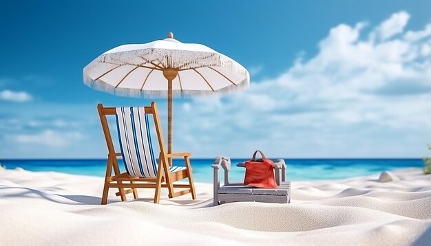 Beach wooden deck chair and beach umbrella stands on the fine white sand on the ocean