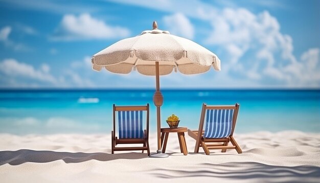 Beach wooden deck chair and beach umbrella stands on the fine white sand on the ocean