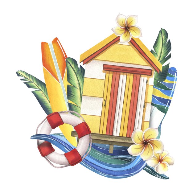 Photo the beach yellow cabin is wooden striped with surfboards frangipani flowers and palm leaves a wave and a lifebuoy handdrawn watercolor illustration isolated composition on a white background