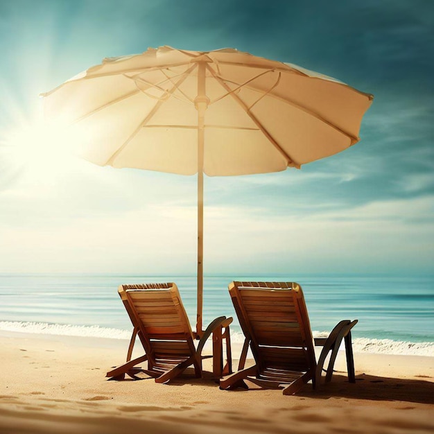 On the beach yellow sand with beach chairs beach umbrellas blue sky