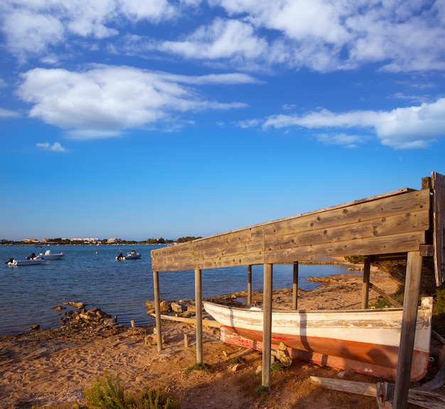 Beached boat in Estany des Peix at Formentera Balearic