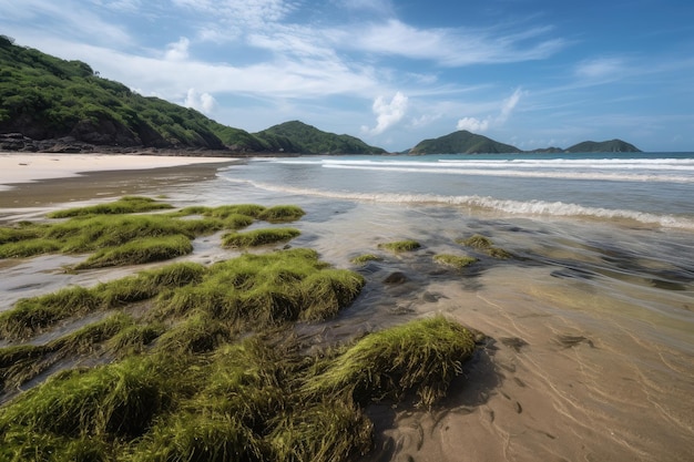 緑豊かな藻場と生成 AI が作り出す穏やかな波に囲まれたビーチ