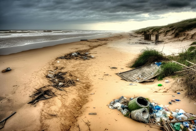 Beaches with trash debris and hazardous waste washed ashore from the nearby river