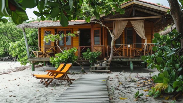 Foto bungalow sul lungomare con una piattaforma generata dall'ai