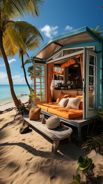 해변 에 있는 카리브 해 의 오두막집 과 멋진 전망