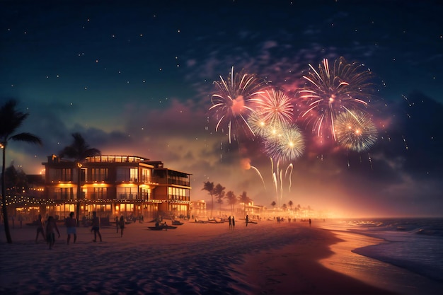 A beachfront fireworks show with music and drinks