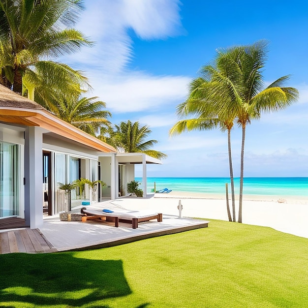 A beachfront villa with sandy beach and palm trees