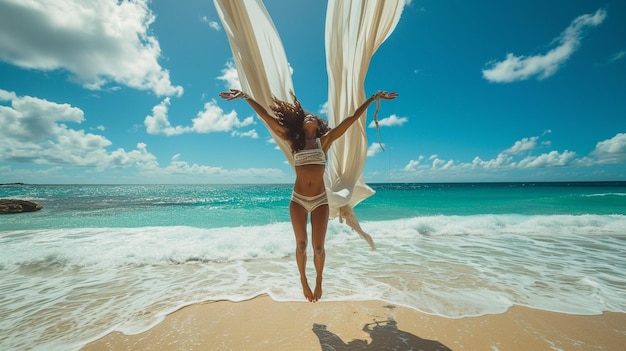 A beachgoer practices beachside aerial silks skillfully