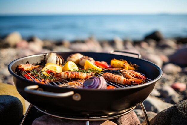 Beachside barbecue with grilled seafood and vegetables