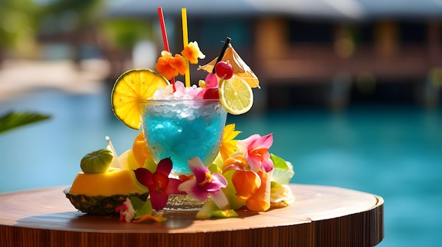 해변 에 있는 카페 는 상쾌 한 테일 과 열대 과일 접시 를 제공 한다