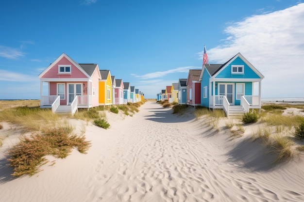 Foto cottage sulla spiaggia con persiane colorate e sentieri sabbiosi