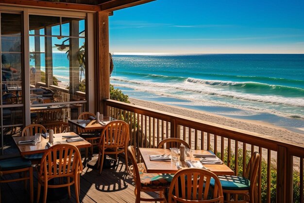 Photo beachside eatery with view of the ocean and waves serving mouthwatering seafood dishes