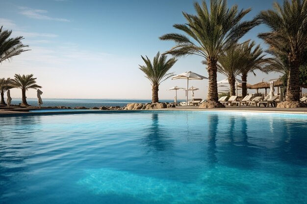 Beachside hotel with palm trees and swimming pool