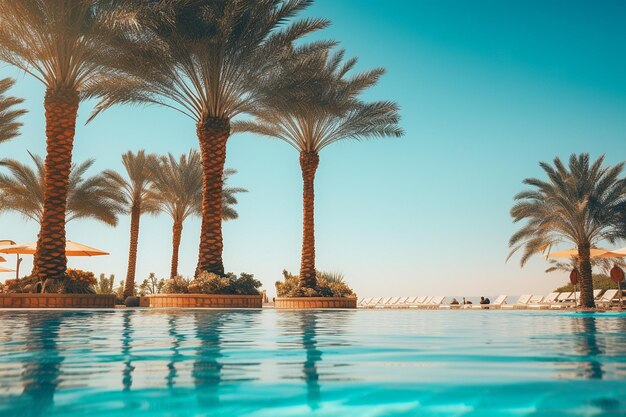 Beachside hotel with palm trees and swimming pool