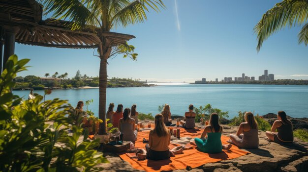 Photo beachside outdoor yoga class for wellness