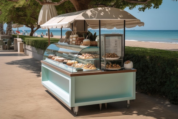 Beachside patisserie with pastries and gelato for beachgoers to enjoy