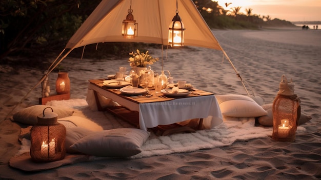 Foto picnic romantico sulla spiaggia