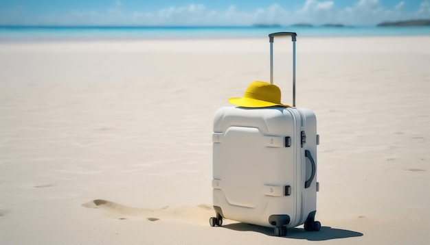 A beachside scene with a single white suitcase waiting to be filled with memories