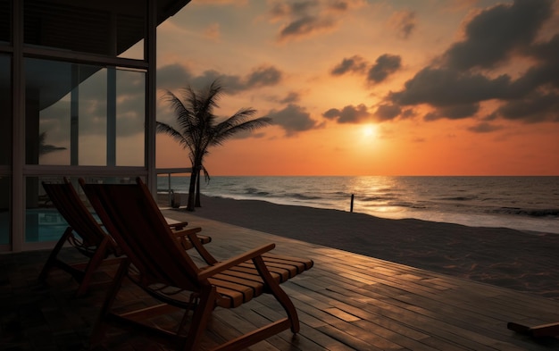 Beachside villa with relaxing wooden chairs and a beautiful sunset backdrop