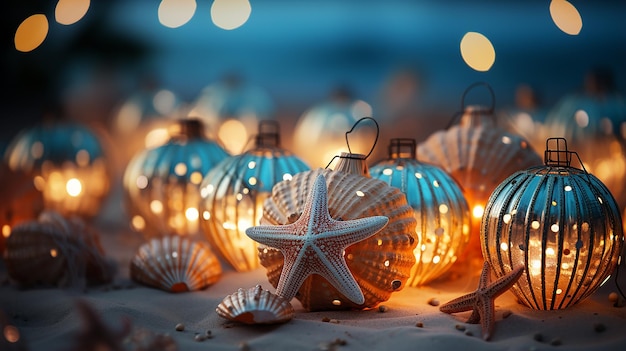 Foto sfondo di luci decorative natalizie in stile spiaggia
