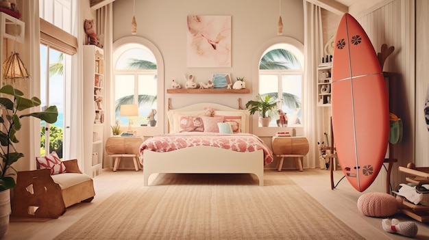 A beachthemed kids' room with a surfboardshaped bed seashell decorations and sandycolored floor