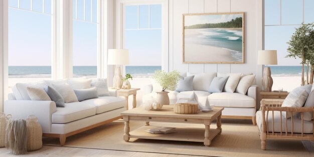 A beachthemed living room design lightcolored furniture nautical accents and oceaninspired artwork