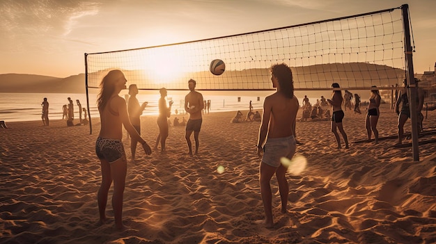 Beachvolleybal bij zonsondergang